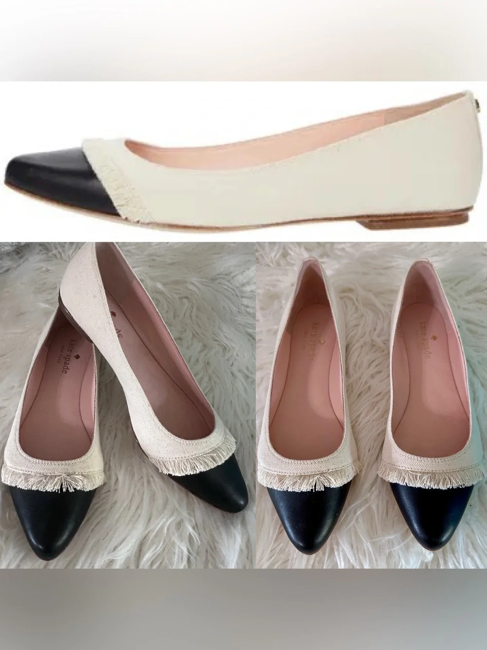 Kate Spade Nelly Ballet Flat Natural Canvas Black Cap Toe Flats Size 6 New